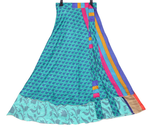 Sushila Vintage Art Silk Saree Magic Wrap Reversible Skirt Beach Dress Aqua Gree