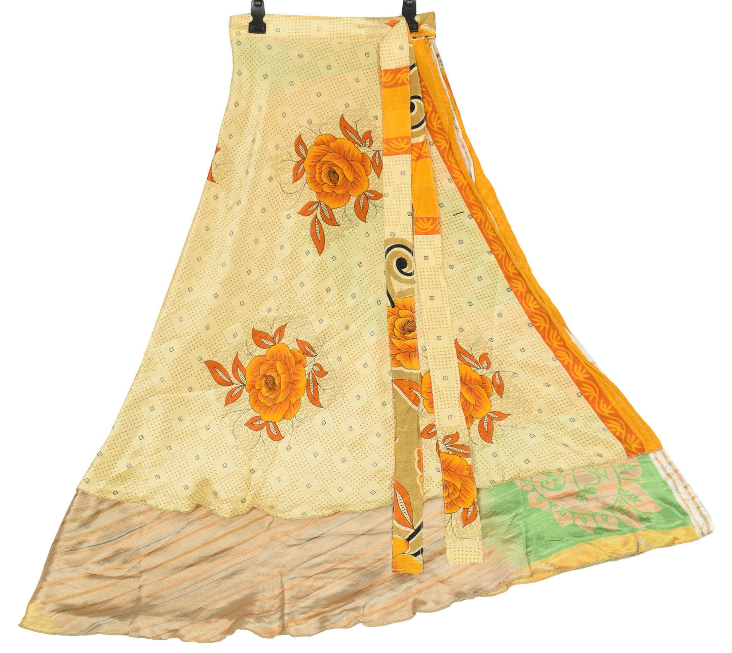 Sushila Vintage Art Silk Saree Magic Wrap Floral Cream Reversible Skirt Beach Dress