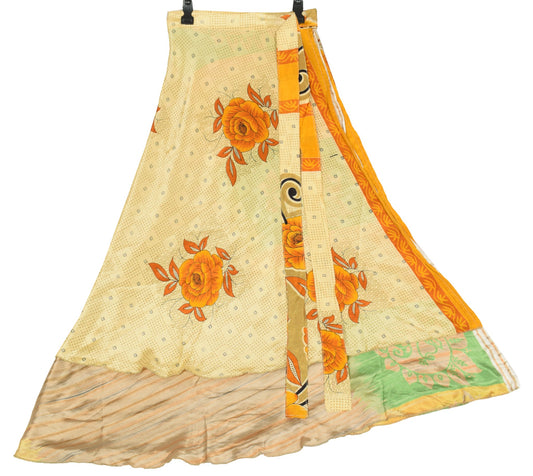 Sushila Vintage Art Silk Saree Magic Wrap Floral Cream Reversible Skirt Beach Dress