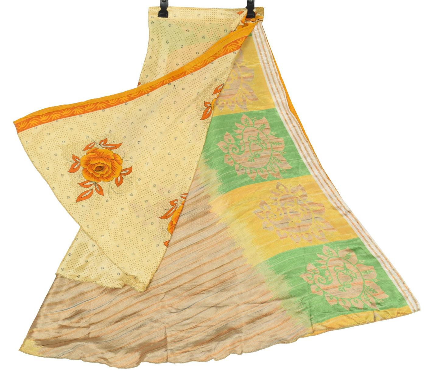 Sushila Vintage Art Silk Saree Magic Wrap Floral Cream Reversible Skirt Beach Dress