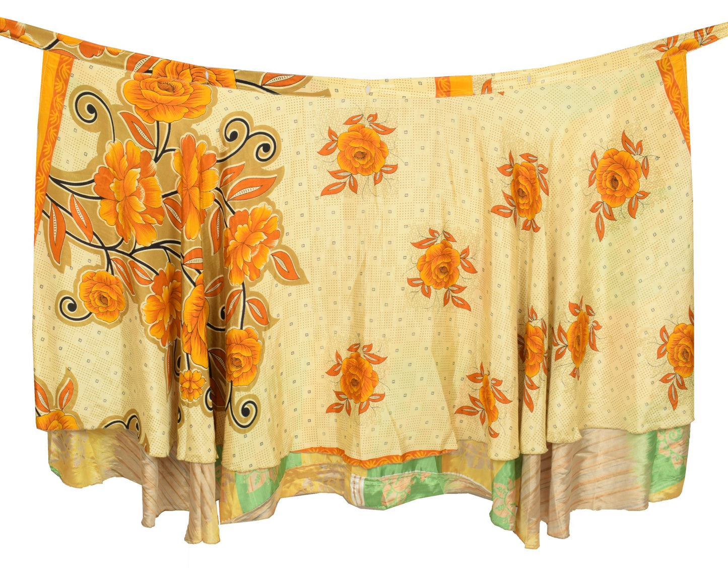 Sushila Vintage Art Silk Saree Magic Wrap Floral Cream Reversible Skirt Beach Dress