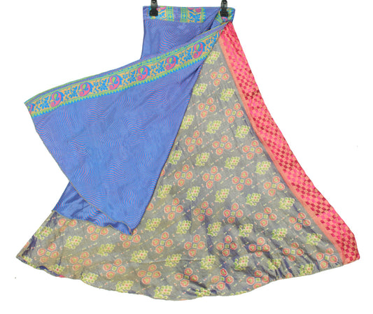 Sushila Vintage Dual Tone Saree Magic Wrap Reversible Skirt Art Silk BeachDress