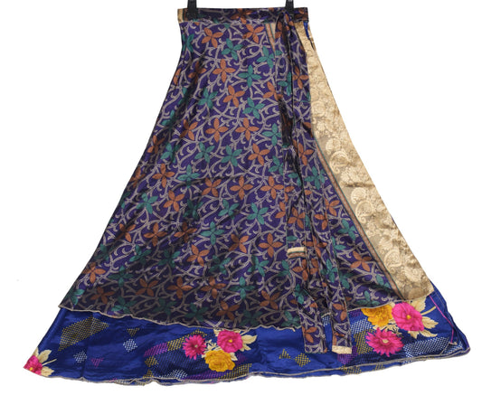 Sushila Vintage Art Silk Saree Magic Wrap Blue Boho Reversible Skirt BeachDress