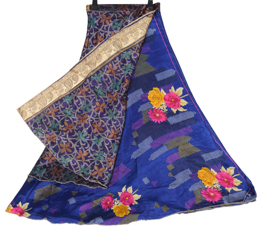 Sushila Vintage Art Silk Saree Magic Wrap Blue Boho Reversible Skirt BeachDress