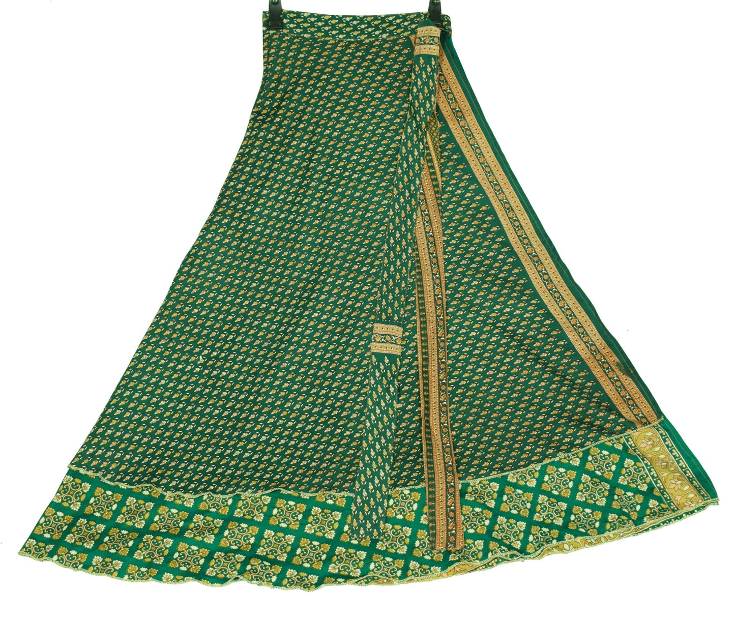 Sushila Vintage Art Silk Saree Magic Wrap Reversible Skirt Green Floral Dress