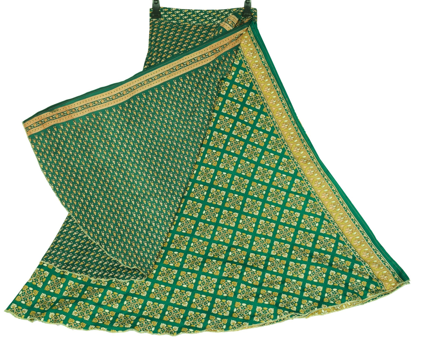Sushila Vintage Art Silk Saree Magic Wrap Reversible Skirt Green Floral Dress
