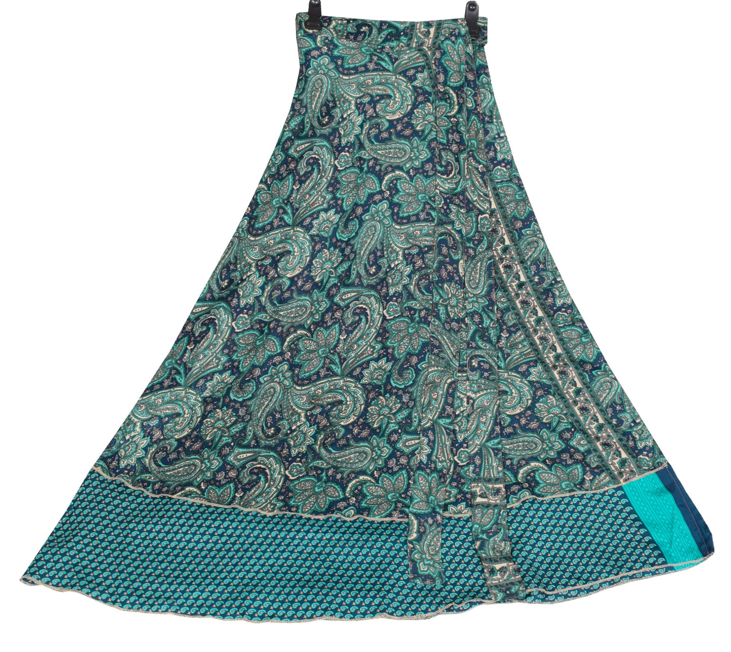 Sushila Vintage Art Silk Saree Magic Wrap Blue Paisley Reversible Skirt Beach Dress