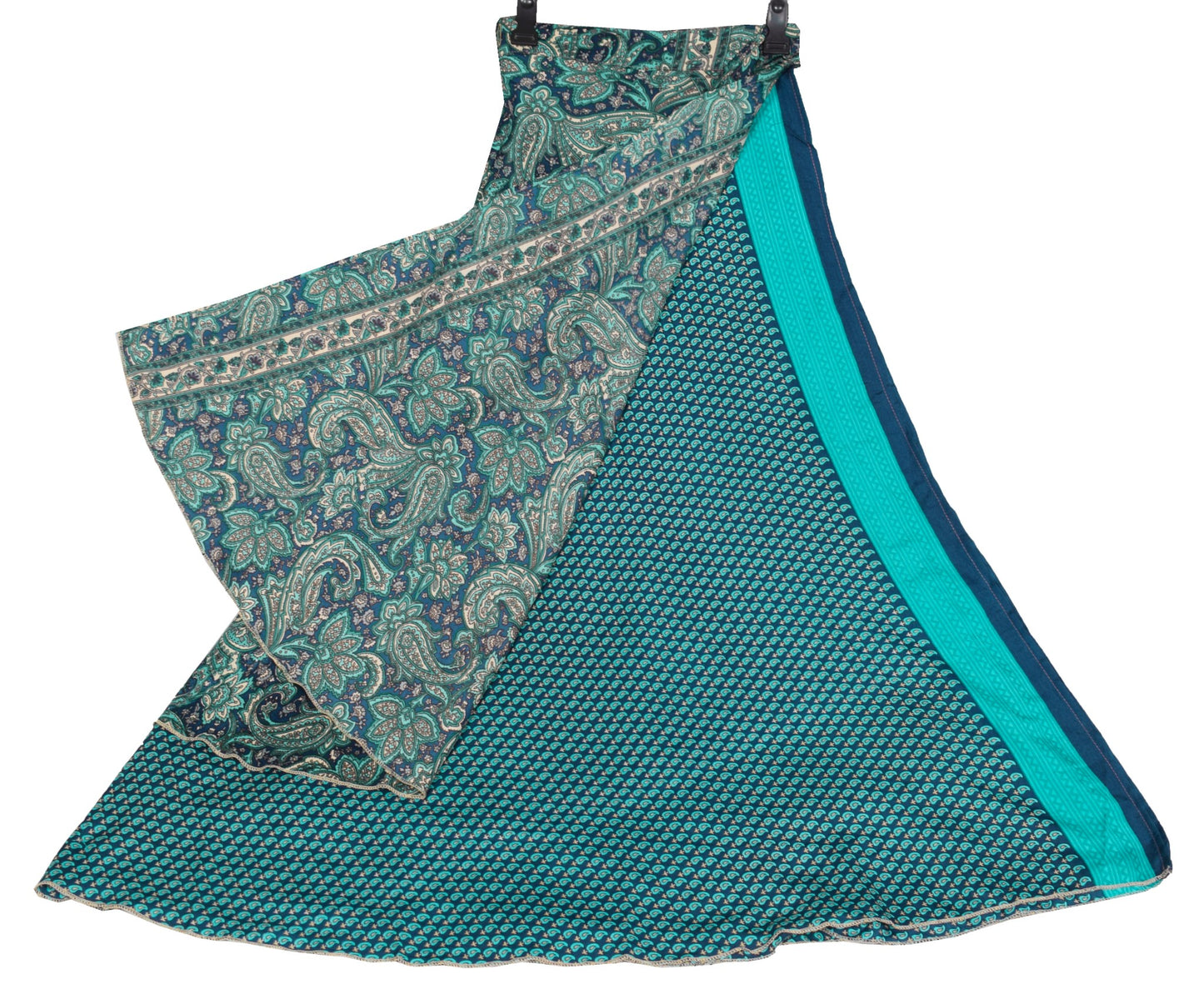 Sushila Vintage Art Silk Saree Magic Wrap Blue Paisley Reversible Skirt Beach Dress