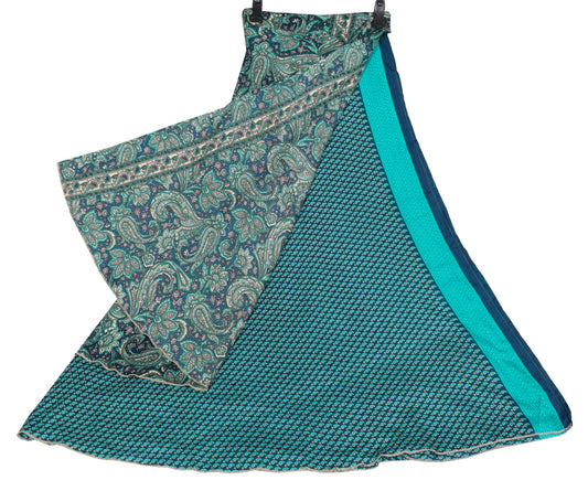 Sushila Vintage Art Silk Saree Magic Wrap Blue Paisley Reversible Skirt Beach Dress