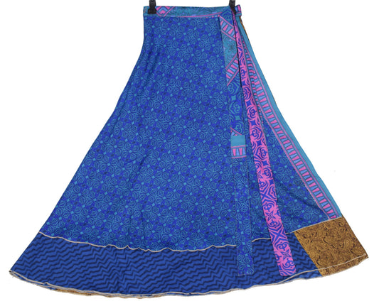 Sushila Vintage Art Silk Saree Magic Wrap Reversible Skirt Blue Boho BeachDress