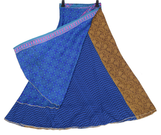 Sushila Vintage Art Silk Saree Magic Wrap Reversible Skirt Blue Boho BeachDress