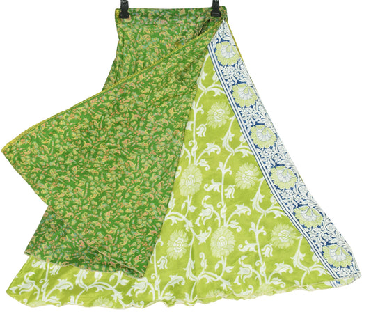 Sushila Vintage Art Silk Saree Magic Wrap Reversible Skirt Beach Dress Green Floral