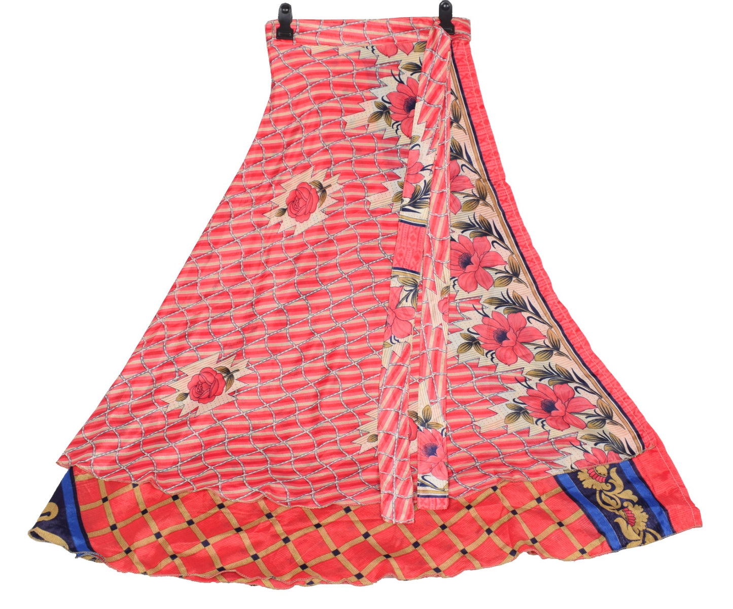 Sushila Vintage Pink Checks Saree Magic Wrap Reversible Skirt Art Silk Beach Dress
