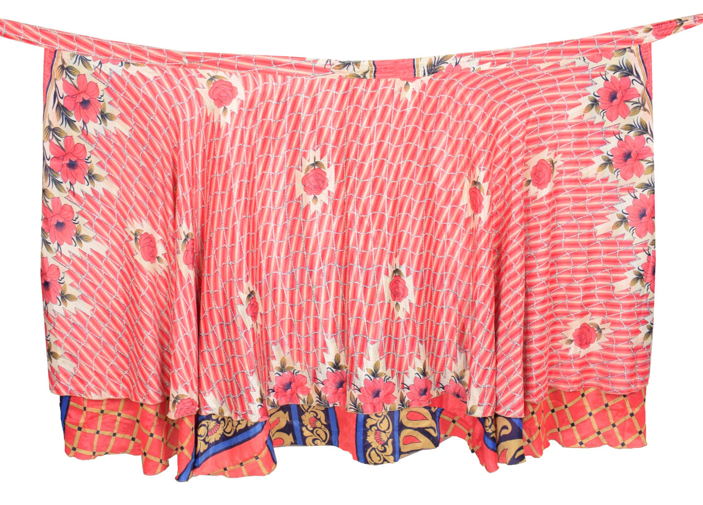 Sushila Vintage Pink Checks Saree Magic Wrap Reversible Skirt Art Silk Beach Dress