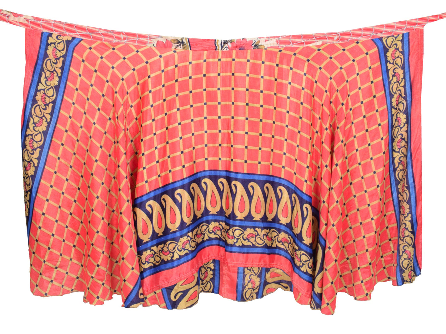 Sushila Vintage Pink Checks Saree Magic Wrap Reversible Skirt Art Silk Beach Dress