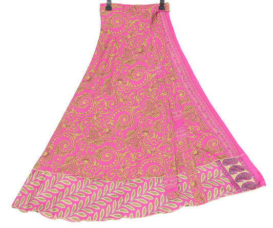 Sushila Vintage Art Silk Saree Magic Wrap Floral Pink Reversible Skirt Beach Dress