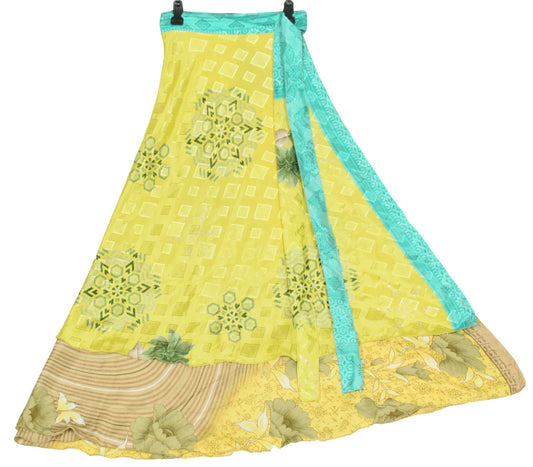 Sushila Vintage Art Silk Saree Magic Wrap Reversible Skirt Yellow Beach Dress