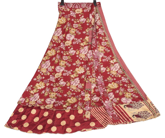 Sushila Vintage Art Silk Saree Magic Wrap Reversible Skirt Maroon Polka Dot Dress
