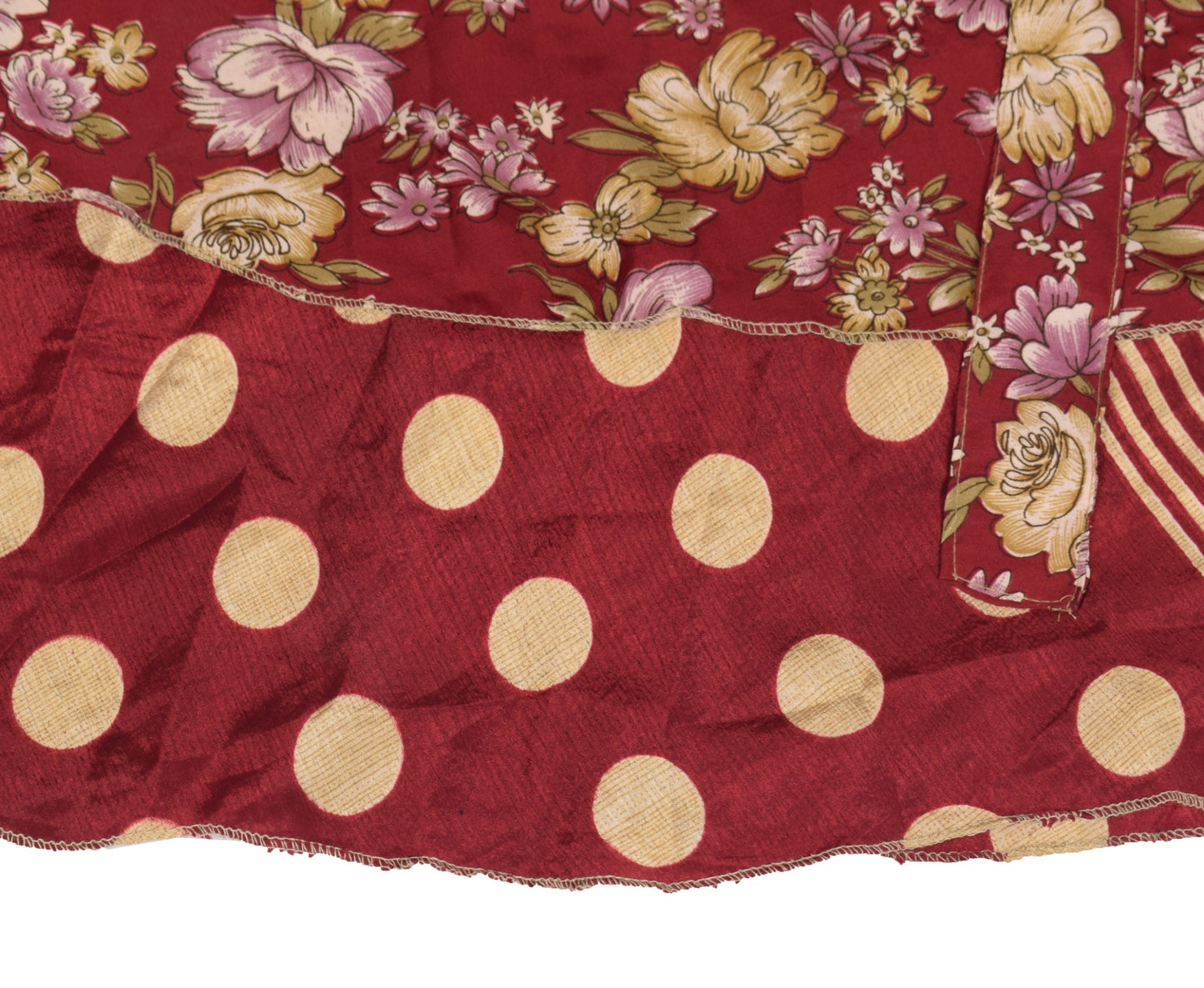 Sushila Vintage Art Silk Saree Magic Wrap Reversible Skirt Maroon Polka Dot Dress