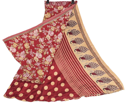 Sushila Vintage Art Silk Saree Magic Wrap Reversible Skirt Maroon Polka Dot Dress