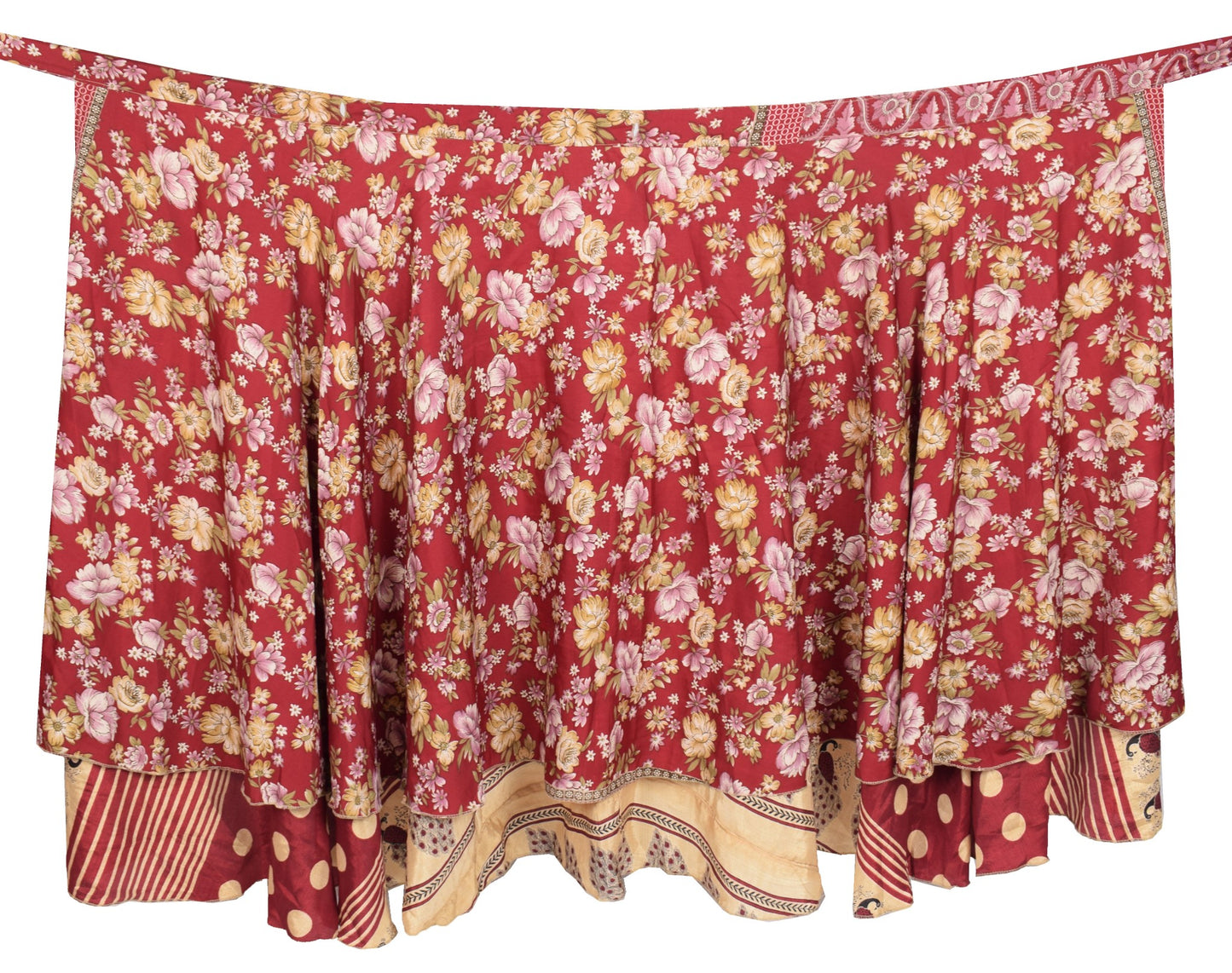 Sushila Vintage Art Silk Saree Magic Wrap Reversible Skirt Maroon Polka Dot Dress