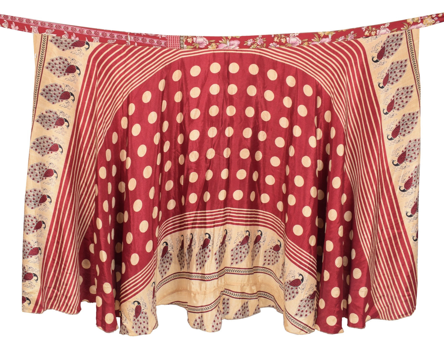 Sushila Vintage Art Silk Saree Magic Wrap Reversible Skirt Maroon Polka Dot Dress
