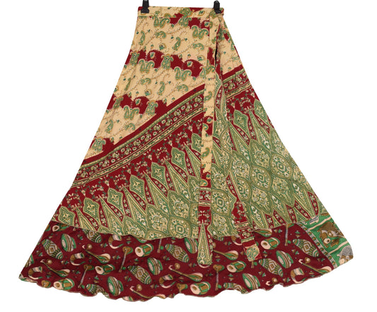 Sushila Vintage Saree Magic Wrap Reversible Skirt Art Silk Maroon Beach Dress