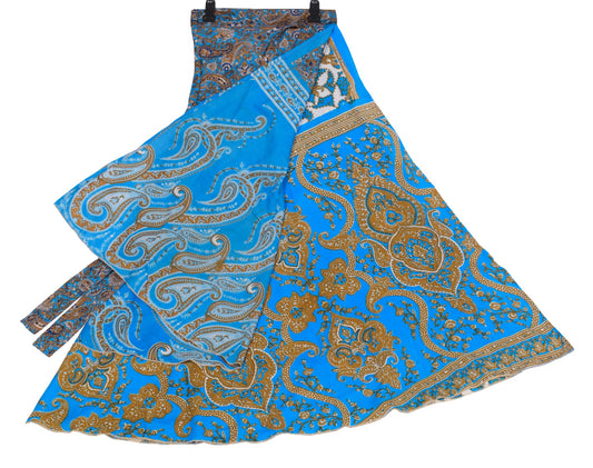 Sushila Vintage Art Silk Saree Magic Wrap Reversible Skirt Turquoise Blue Dress