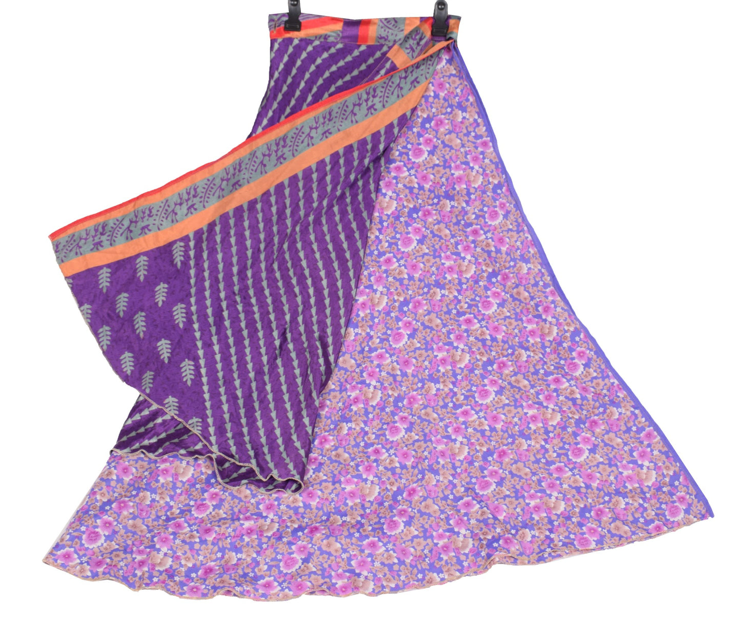 Sushila Vintage Art Silk Saree Magic Wrap Reversible Skirt Floral Purple Beach Dress