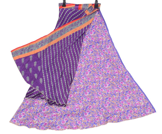 Sushila Vintage Art Silk Saree Magic Wrap Reversible Skirt Floral Purple Beach Dress