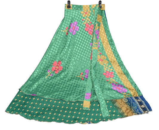 Sushila Vintage Teal Green Art Silk Saree Magic Wrap Reversible Skirt Beach Dress