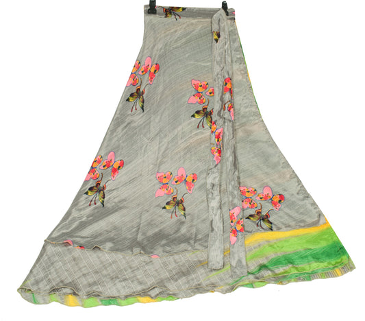Sushila Vintage Gray Green Saree Magic Wrap Reversible Skirt Art Silk Beach Dress