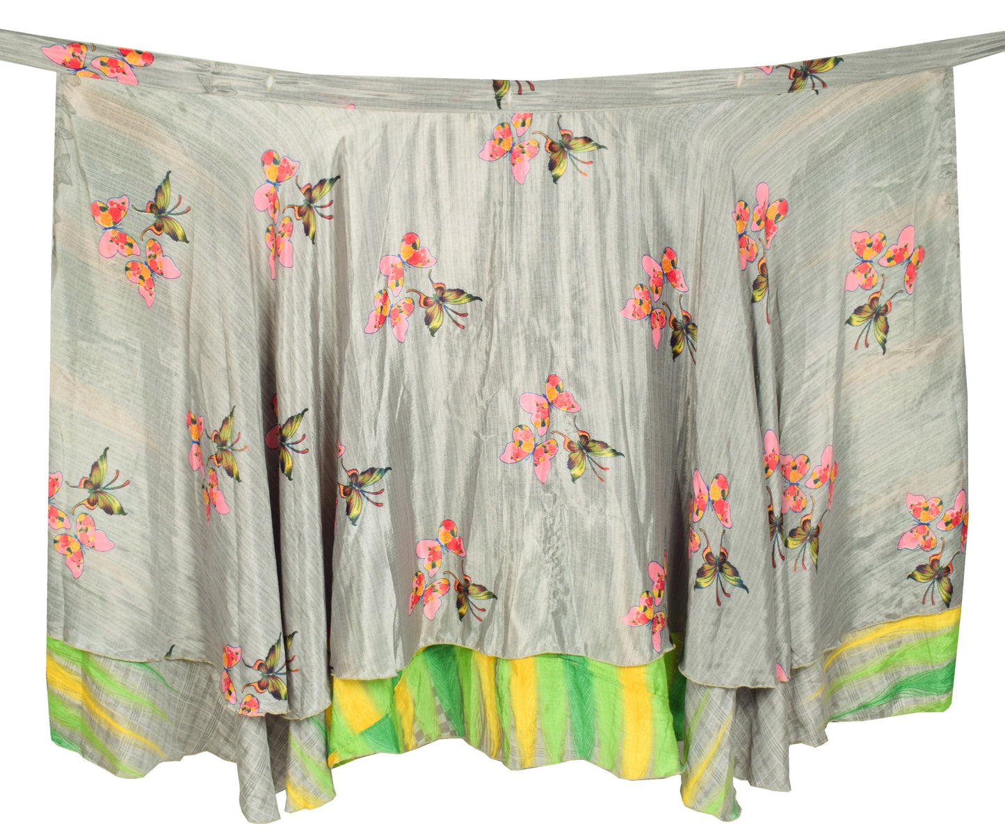 Sushila Vintage Gray Green Saree Magic Wrap Reversible Skirt Art Silk Beach Dress