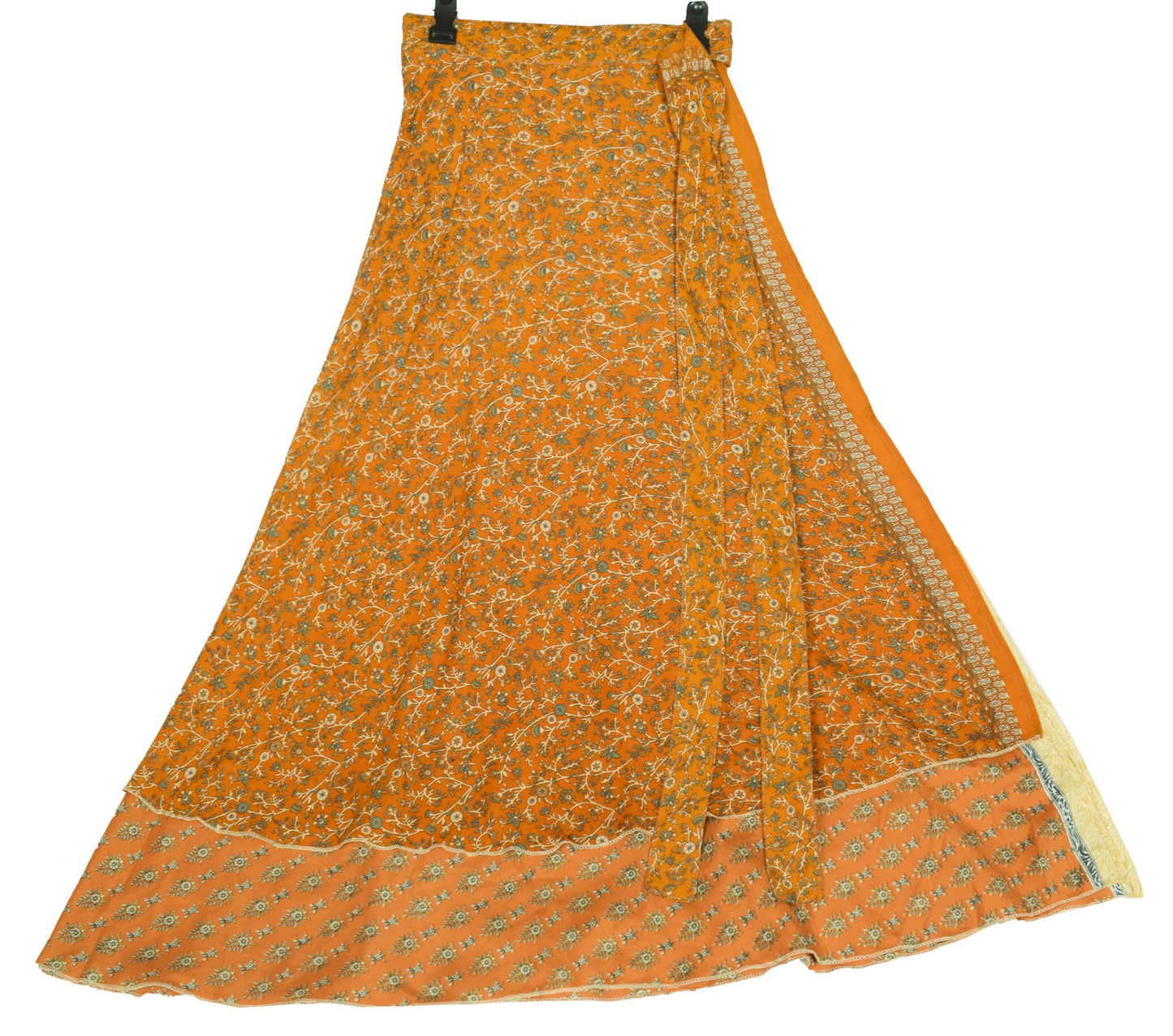 Sushila Vintage Art Silk Saree Magic Wrap Reversible Skirt Brown Floral Beach Dress
