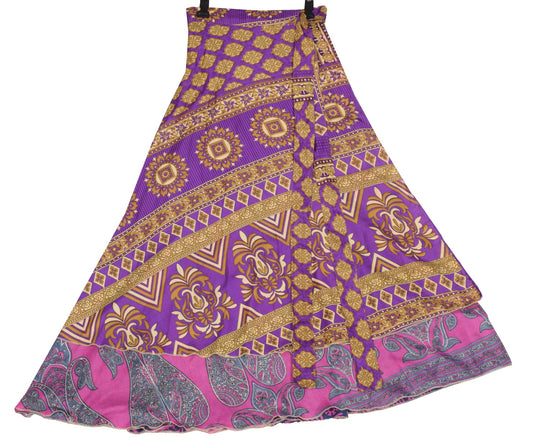 Sushila Vintage Purple Saree Magic Wrap Reversible Skirt Art Silk Beach Dress Hippie