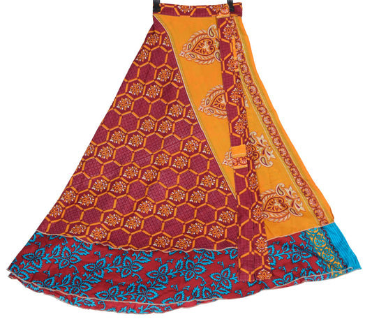 Sushila Vintage Art Silk Saree Magic Wrap Reversible Skirt Floral Beach Dress