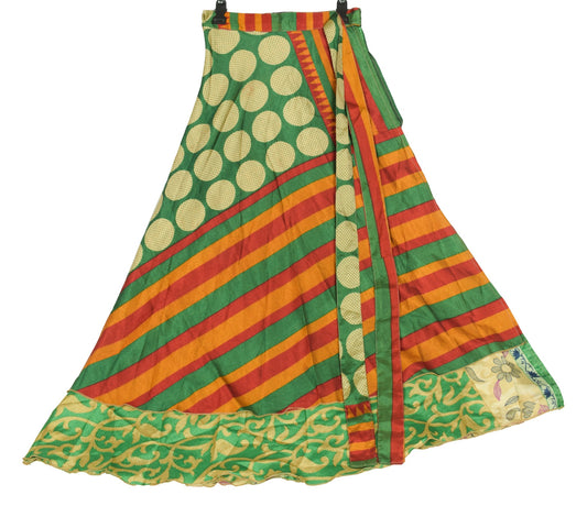 Sushila Vintage Art Silk Saree Magic Wrap Reversible Floral Green Skirt Beach Dress