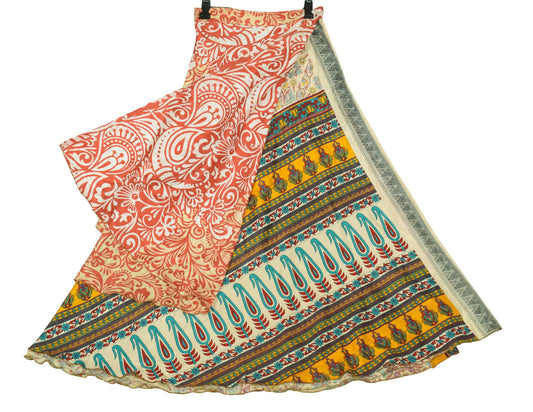 Sushila Vintage Saree Magic Wrap Reversible Skirt Beige Art Silk Beach Dress