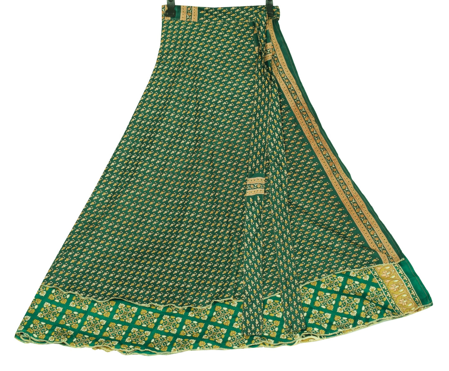 Sushila Vintage Art Silk Saree Magic Wrap Reversible Skirt Green Floral Beach Dress