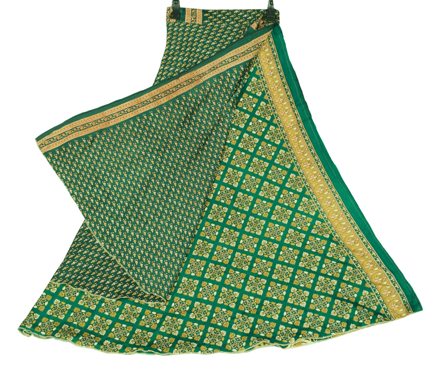 Sushila Vintage Art Silk Saree Magic Wrap Reversible Skirt Green Floral Beach Dress