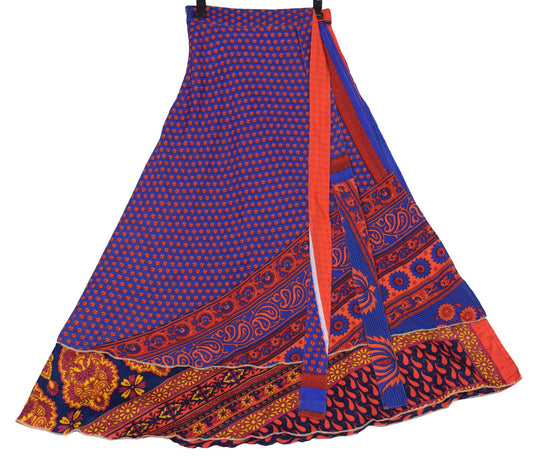 Sushila Vintage Saree Magic Wrap Reversible Skirt Blue Art Silk Beach Dress Boho