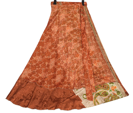Sushila Vintage Art Silk Saree Brown Magic Wrap Reversible Skirt Beach Dress