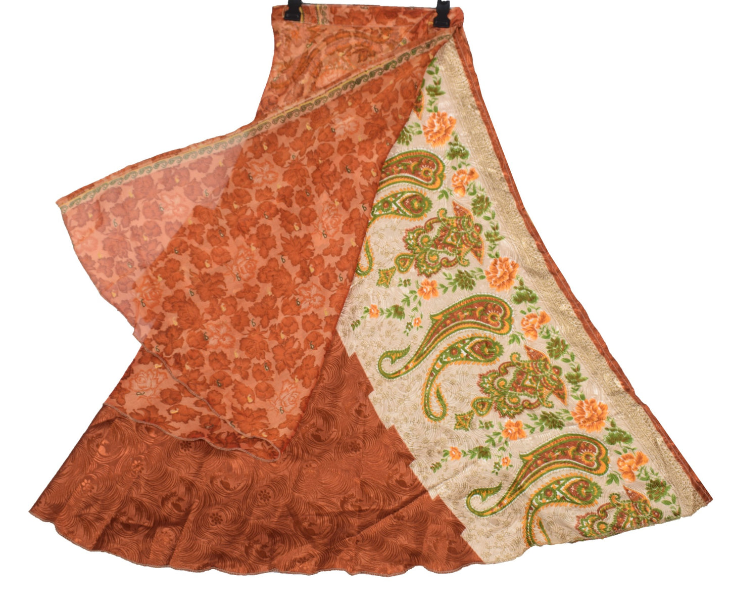 Sushila Vintage Art Silk Saree Brown Magic Wrap Reversible Skirt Beach Dress