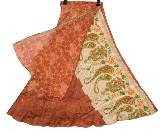 Sushila Vintage Art Silk Saree Brown Magic Wrap Reversible Skirt Beach Dress