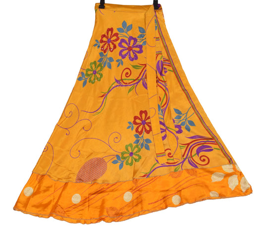 Sushila Vintage Art Silk Saree Magic Wrap Yellow Reversible Skirt Beach Dress