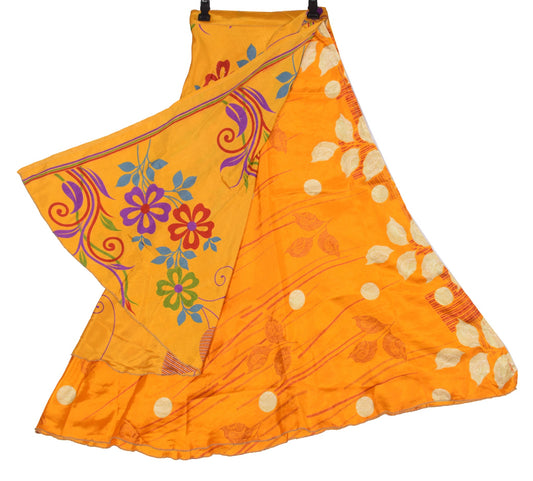 Sushila Vintage Art Silk Saree Magic Wrap Yellow Reversible Skirt Beach Dress