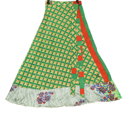 Sushila Vintage Art Silk Saree Magic Wrap Reversible Skirt Gray Green Dress Boho