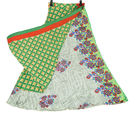 Sushila Vintage Art Silk Saree Magic Wrap Reversible Skirt Gray Green Dress Boho