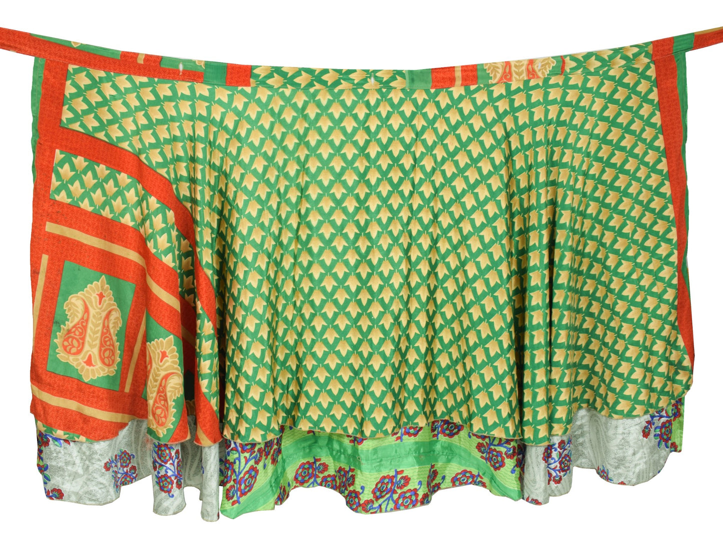 Sushila Vintage Art Silk Saree Magic Wrap Reversible Skirt Gray Green Dress Boho