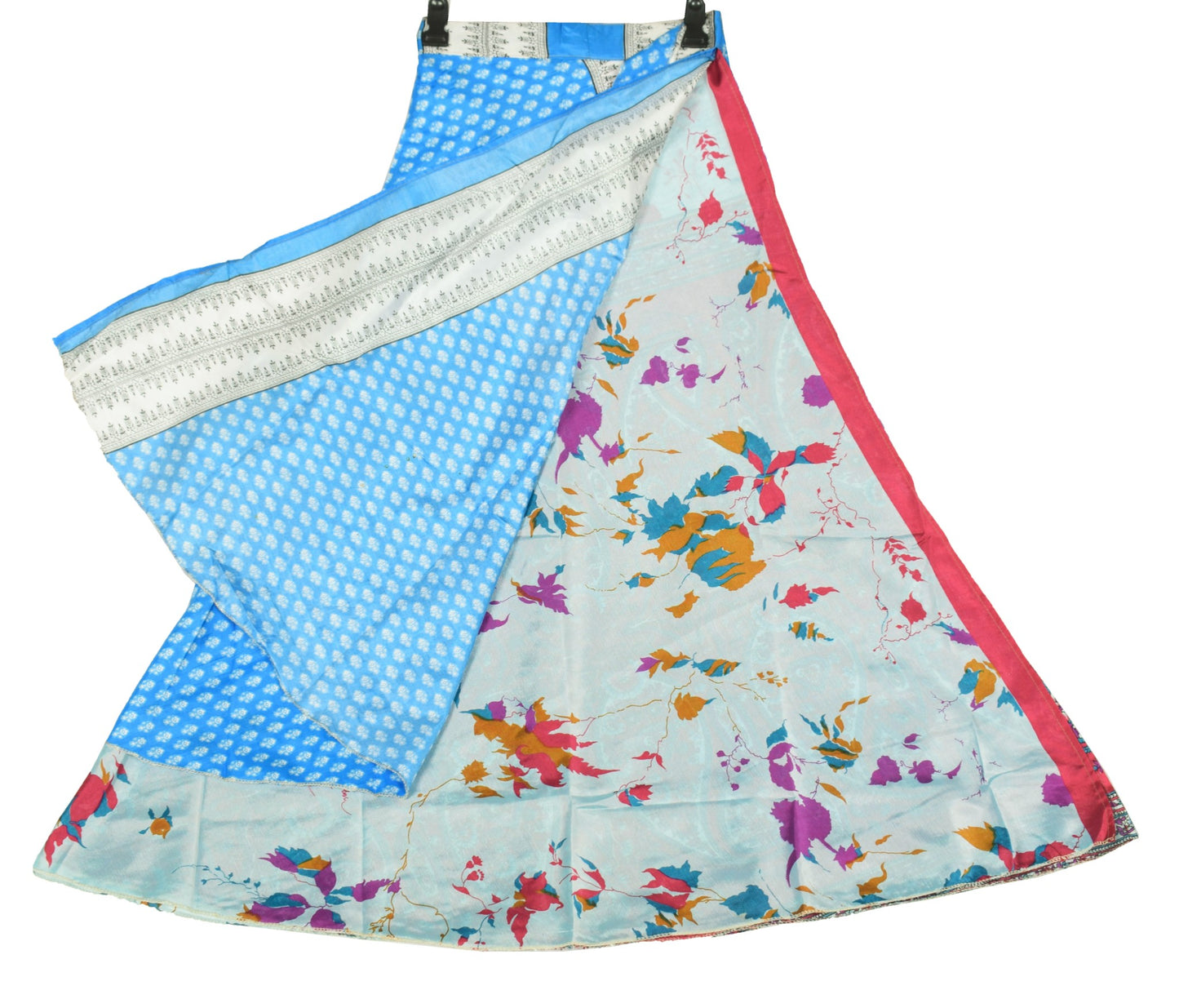 Sushila Vintage Sky Blue Art Silk Saree Magic Wrap Reversible Skirt Beach Dress